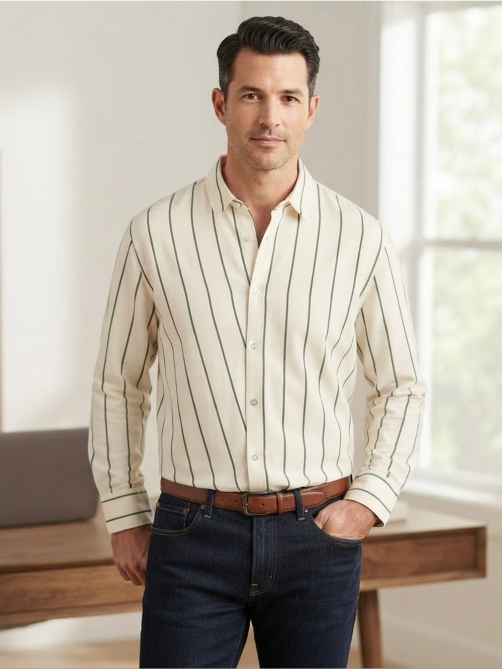 Men's Cream Stripe Long-Sleeve Button-Down Shirt
